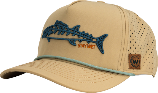 Wet Water The Wahoo Run Hat with blue fish embroidery, angled view