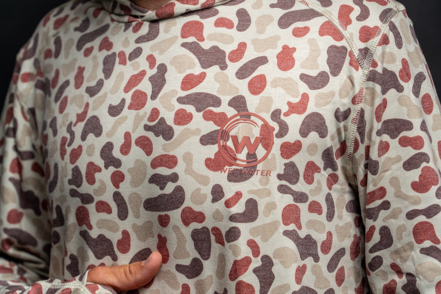 Wet Water Tideland Hoodie in red camo — front view (alternate angle)