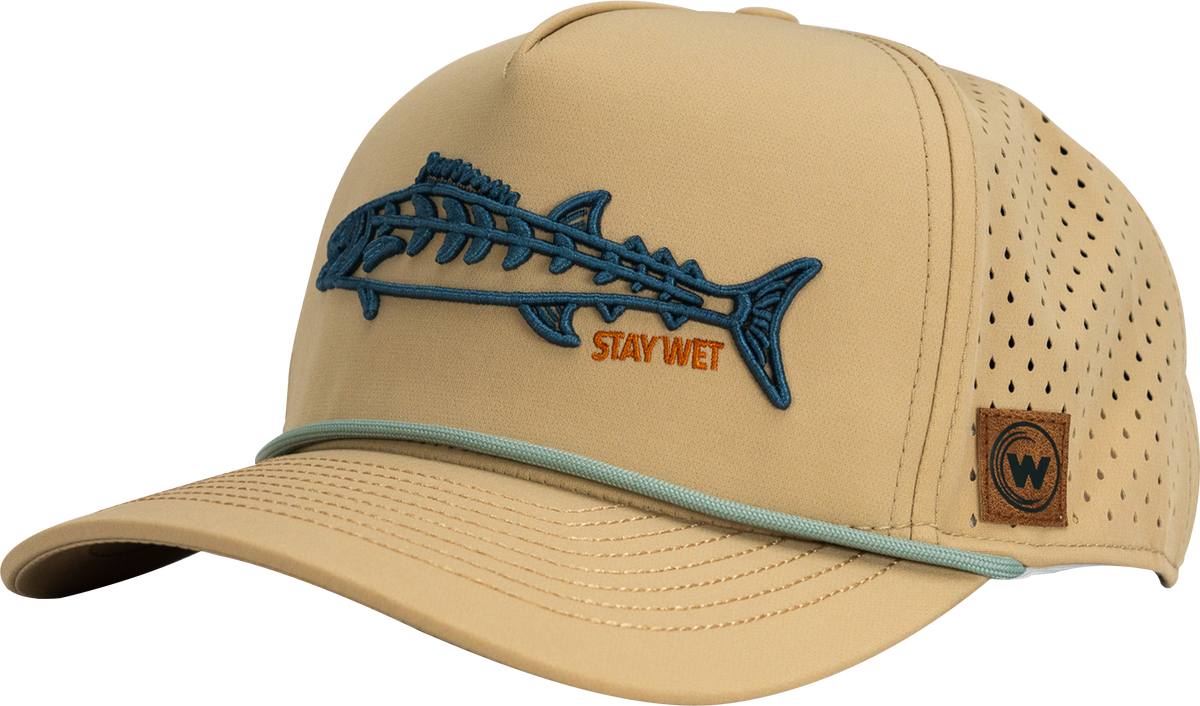 Wet Water The Wahoo Run Hat with blue fish embroidery, angled view