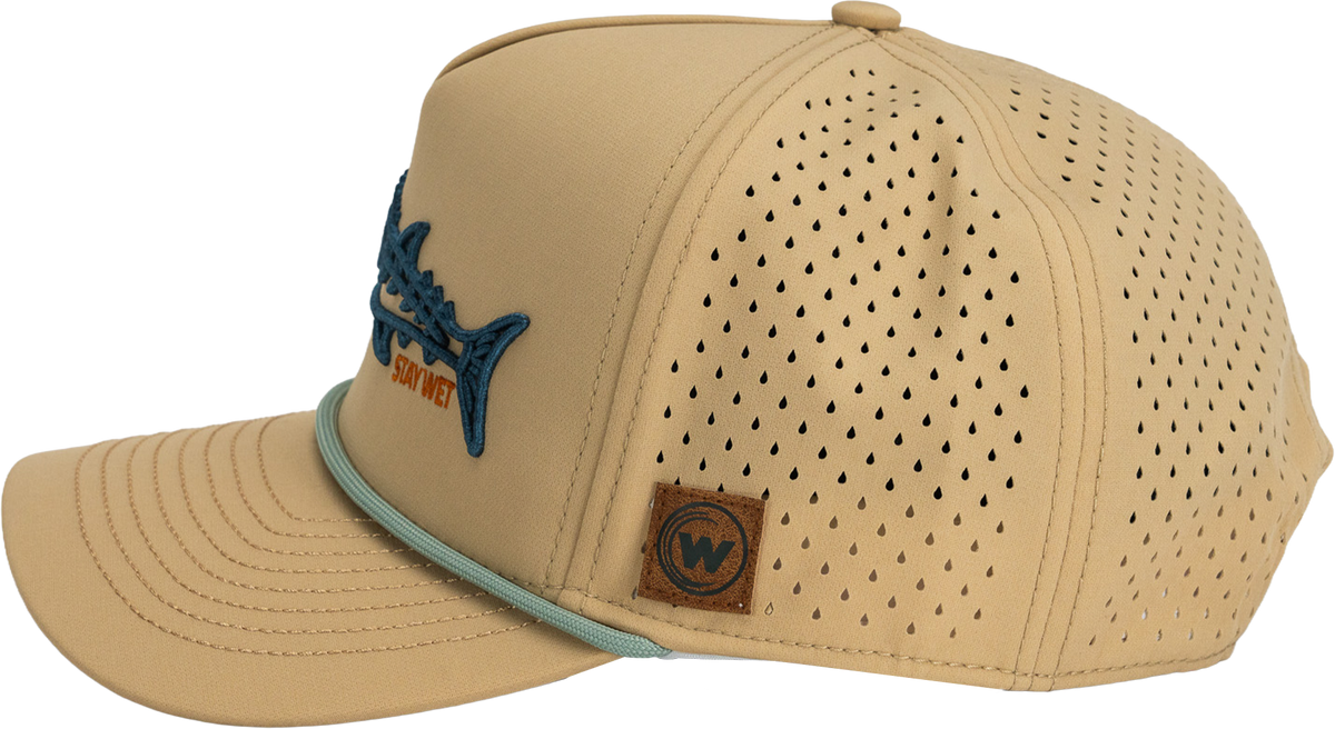 Wet Water The Wahoo Run Hat with blue fish embroidery, side view