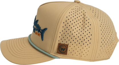 Wet Water The Wahoo Run Hat with blue fish embroidery, side view