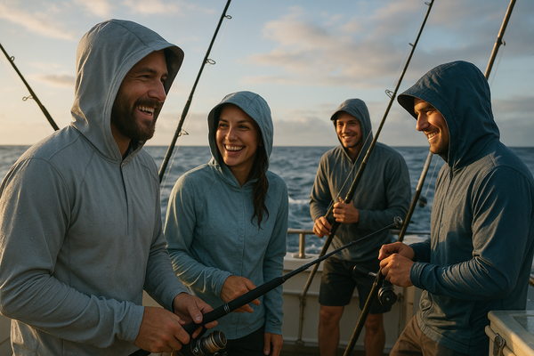 friends on a fishing boat wearing hooded fishing wet water fishing shirts