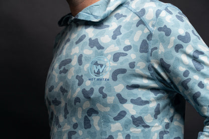Wet Water Tideland Hoodie in blue camo — fabric close-up detail