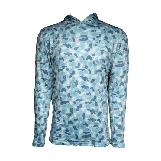 Wet Water Tideland Hoodie in blue camo — studio front view, hood up