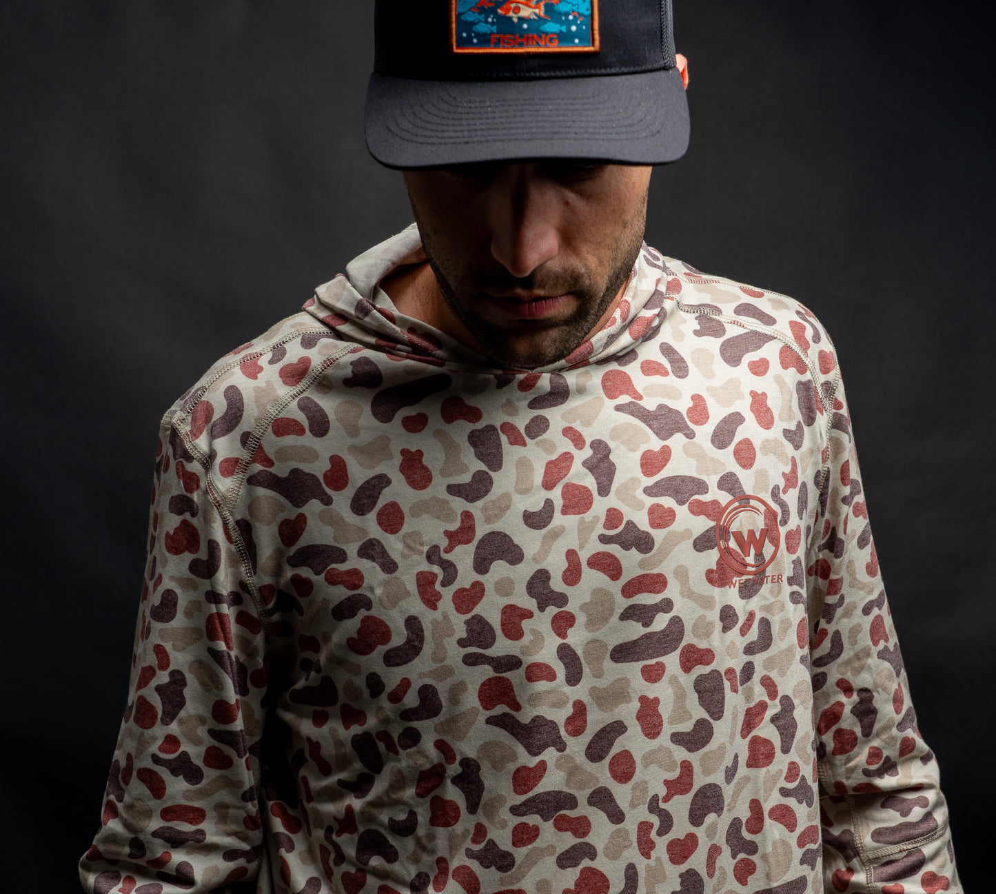 Wet Water Tideland Hoodie in red camo — fabric close-up detail