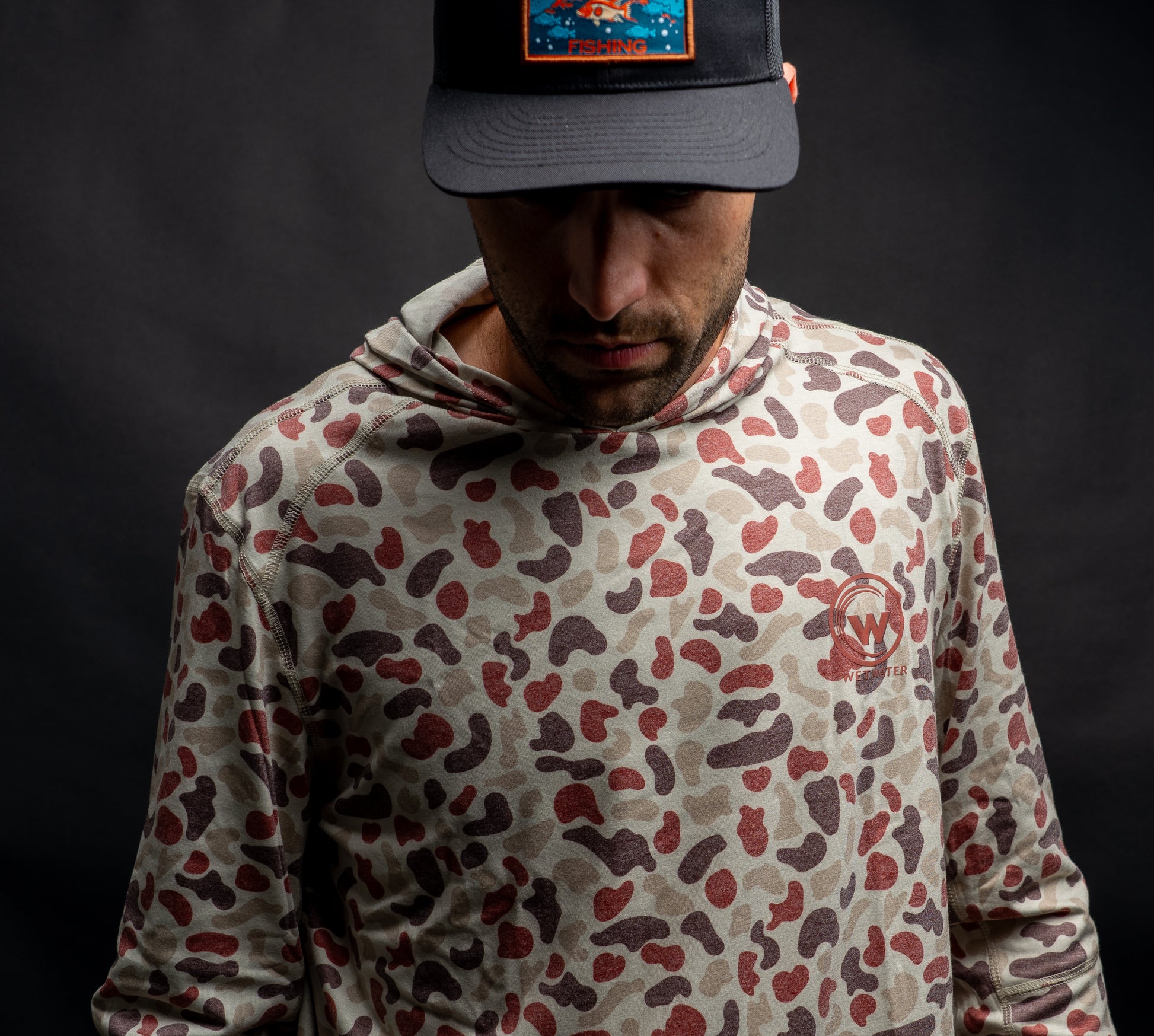 Wet Water Tideland Hoodie in red camo — fabric close-up detail
